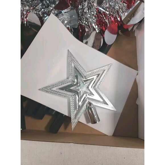 NWT (SET OF 2)  5 Foot Tinsel Christmas Tree Red/ Silver Battery Lighting& Star - Picture 4 of 12